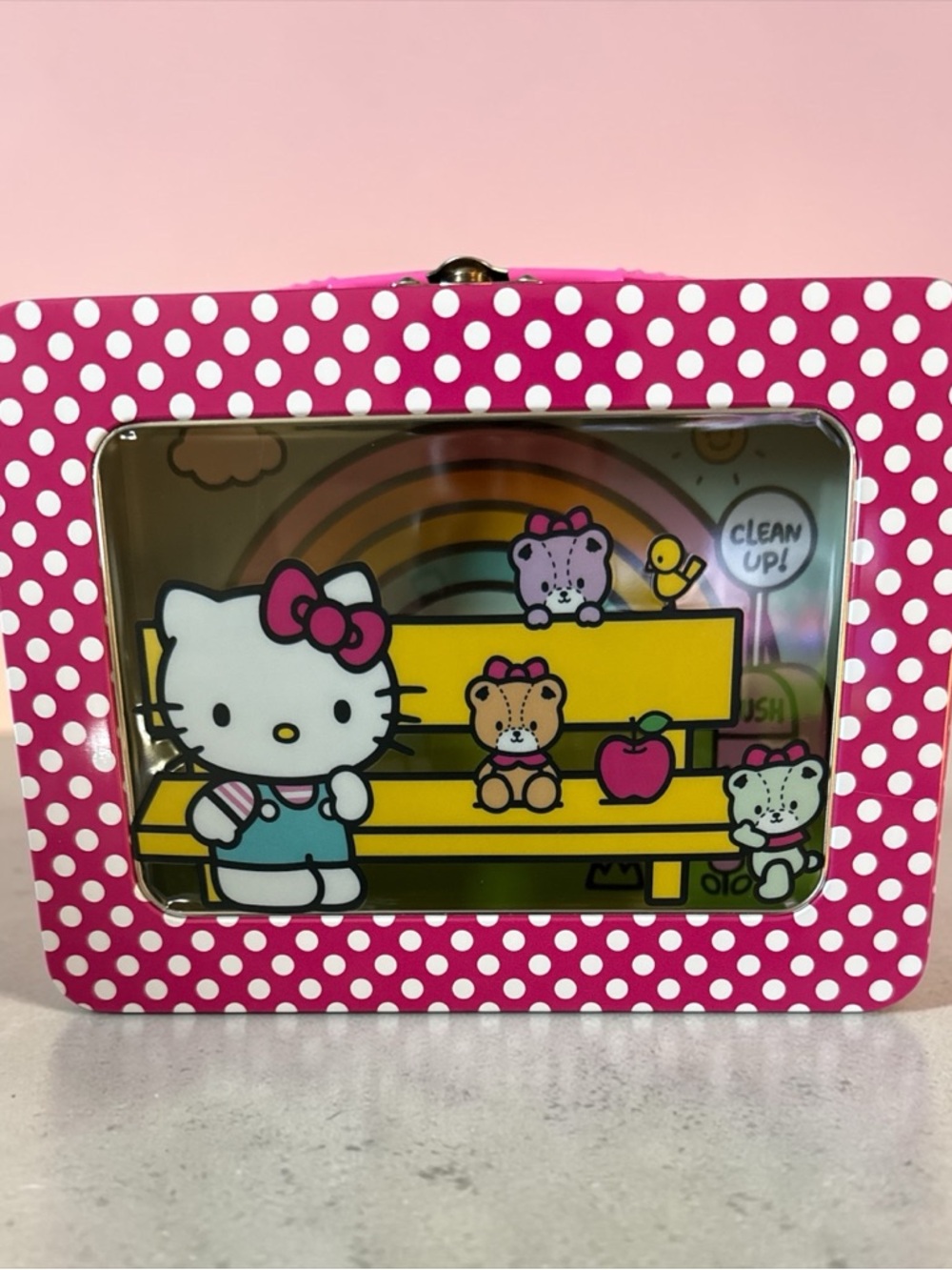 Hello Kitty Pink & White Polka Dot Tin with Rainbow Bench Scene